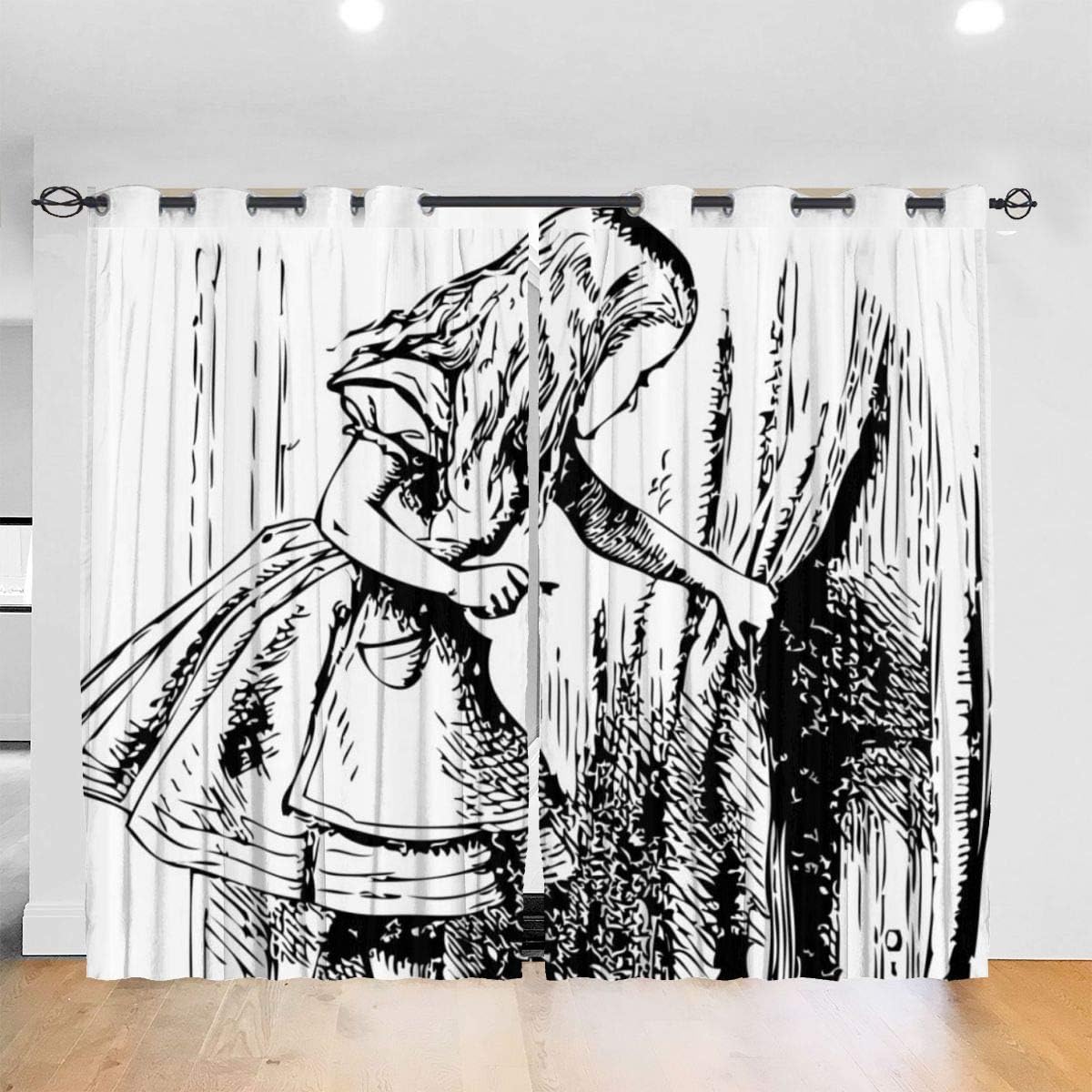 Cortina Opacas con Ojales,Alicia en Blanco y Negro Mirando a través de