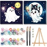 Arttoplus 2 Pack Halloween Paint by Numbers Kit for Kids with Frame 8x8inch | Ghost Kids Paint by Numbers Ages 4-8-12 with Wooden Easel, Diy Easy Cute Oil Painting by Number for Gift Home Wall Decor
