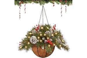 Christmas Hanging Baskets for Outdoors, Pre-Lit Artificial Christmas Hanging Basket, Festive Hanging Planter with LED Lights,