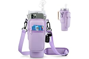 VGHNQ Water Bottle Carrier Bag with Pocket for Stanley 40 oz Tumbler with Handle Neoprene Sports Water Bottle Holder Pouch with Adjustable Strap, Straw Cover Carabiner for Stanley Cup Accessories (Purple)