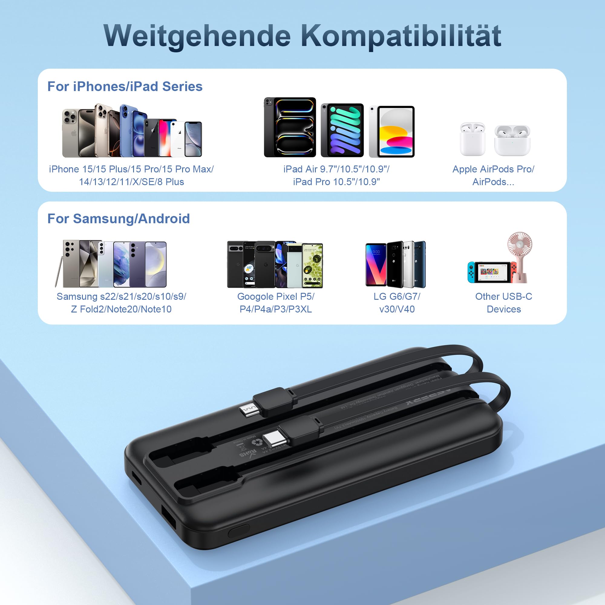 AsperX 2 Stück Powerbank 10000mAh mit USB-C Kabel Schnellladen 7