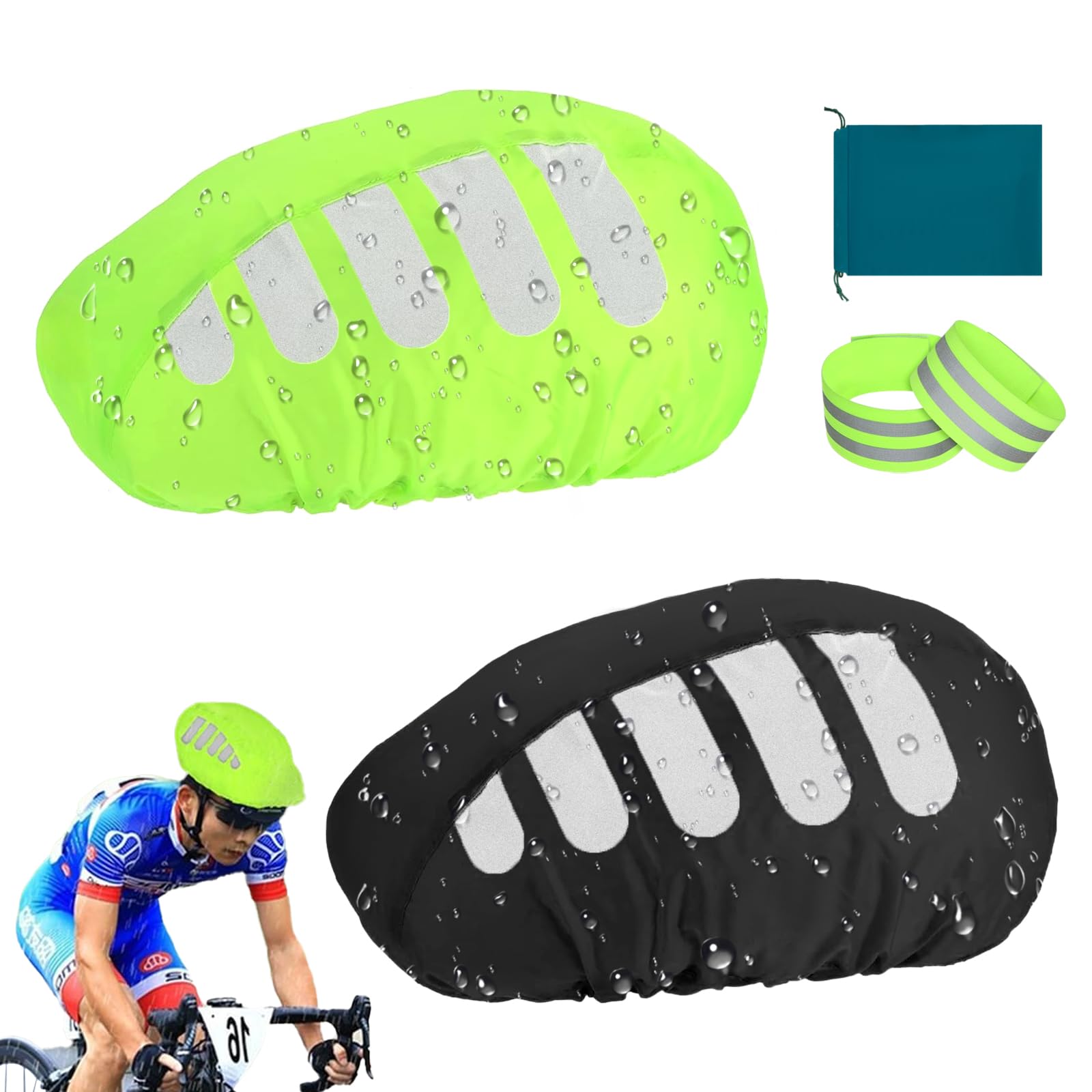 CYZBL 2Pcs Reflective Bike Helmet Rain Cover, High Visibility Waterproof Cycling Helmet Protector, Helmet Rain Cap With Reflective Strip, 2 Elastic Cycling Strap Wristbands for Night (Black Green)