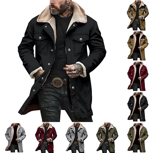 Nuaoxyeu mens smart jacket Fleece Lined Cargo Jackets for Mens Winter Button Down Lapel Collar Coats Warm Thick Outdoor Jacket with Pockets Mid Length Windbreaker men's jackets smart casual