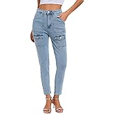 EZAPINE Women Stretchy Skinny Jeans Butt Lifting High Waisted Slim Fit Cargo Denim Pants with Flap Pockets