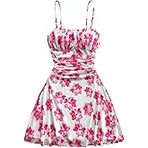 BEAUDRM Women's Floral Cami Dress Mesh Boho Ruched A Line Summer Beach Vacation Dresses
