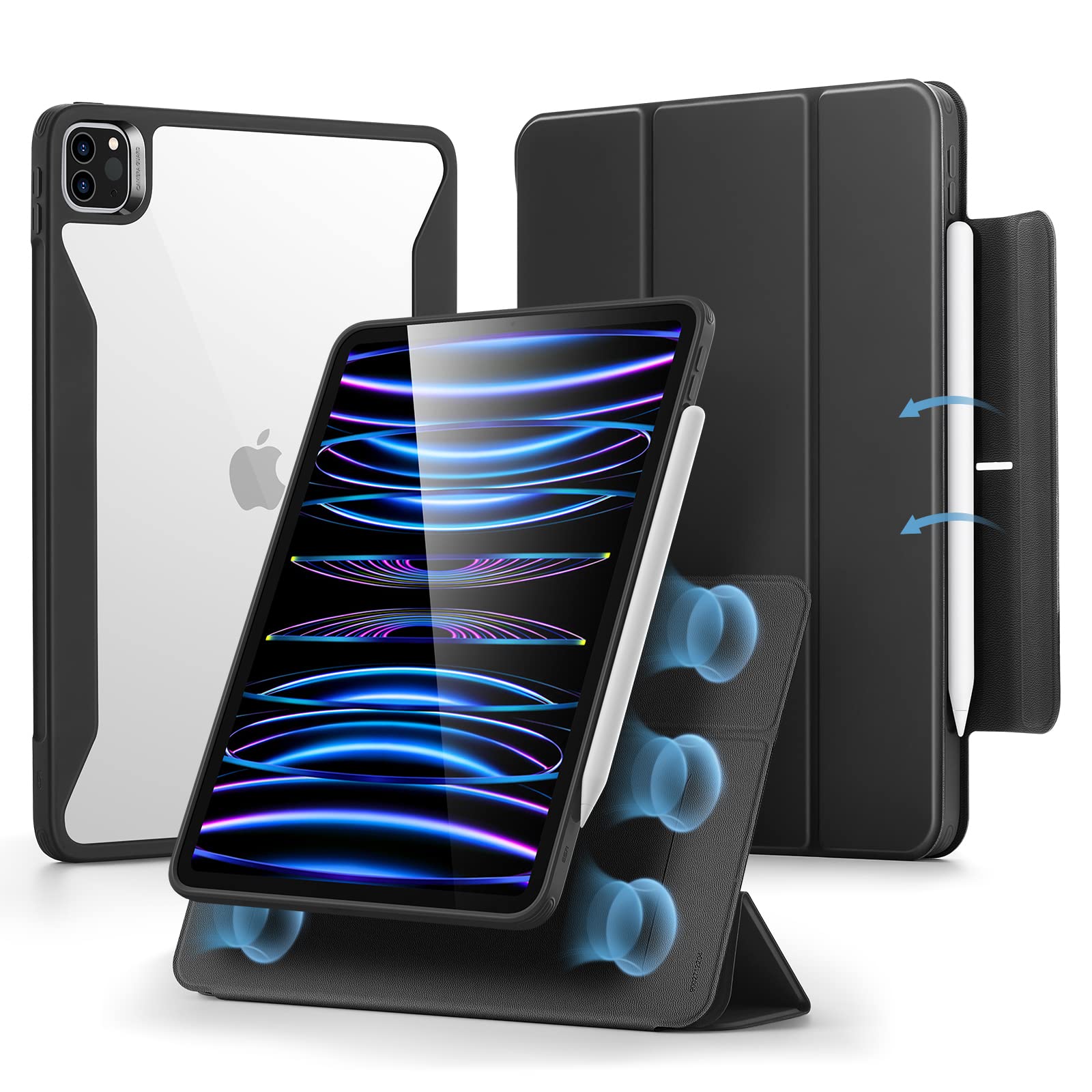 ESR iPad Pro 11インチ ケース 第4/3/2/1世代(2022/2021/ 2020/2018)専用 Pencilホルダー付き 取り外し可能マグネットカバー 縦置き/横置きスタンド Pencil 2対応 Rebound 360シリーズ ブラック商品画像