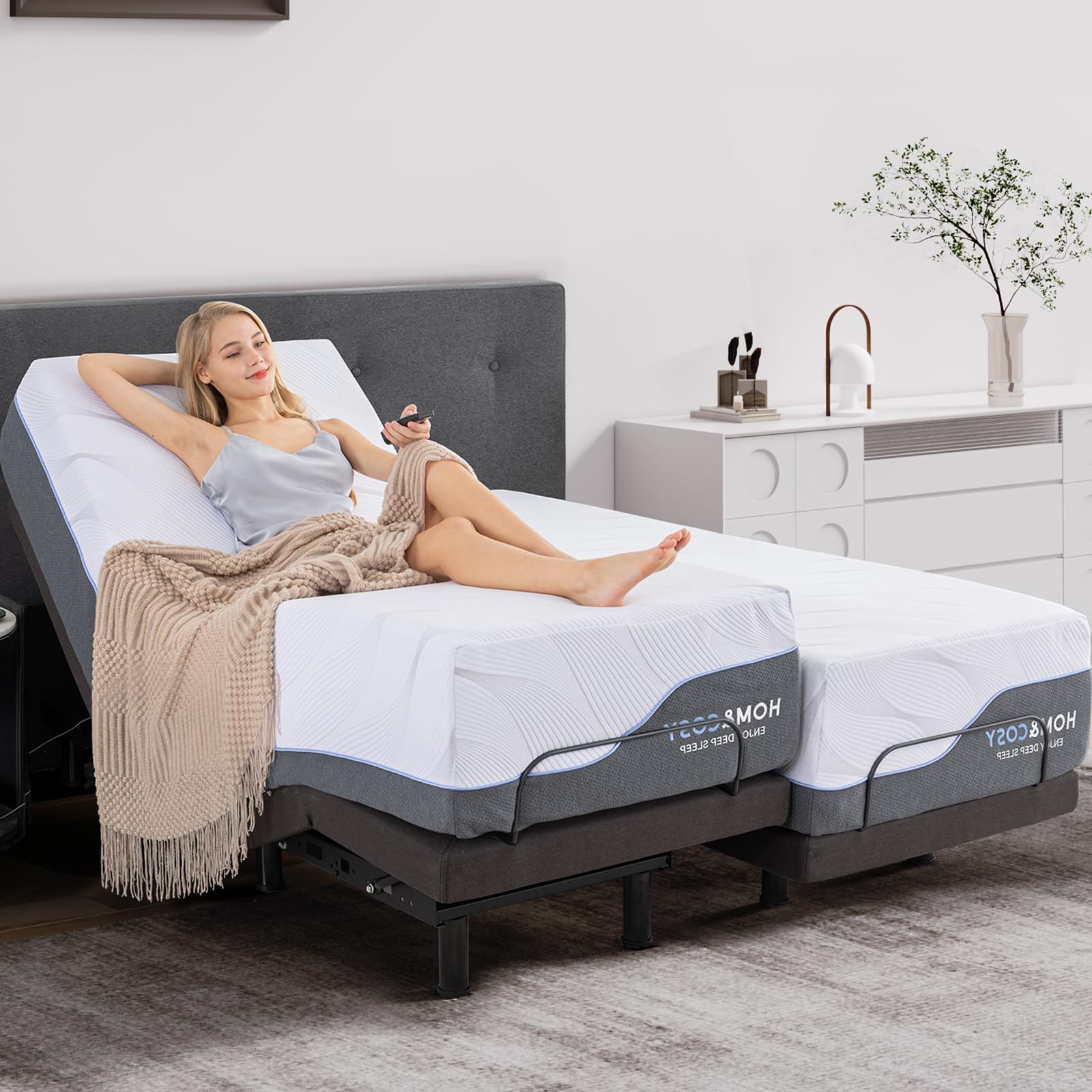 Photo 1 of Split King Adjustable Bed Base with Mattress, 14 Inch White Gel Memory Foam Medium-Firm Mattress in Box, Updated Adjustable Bed Frame with Thickened Foam Frame, Massage, Wireless Remote Smart Bed Base
