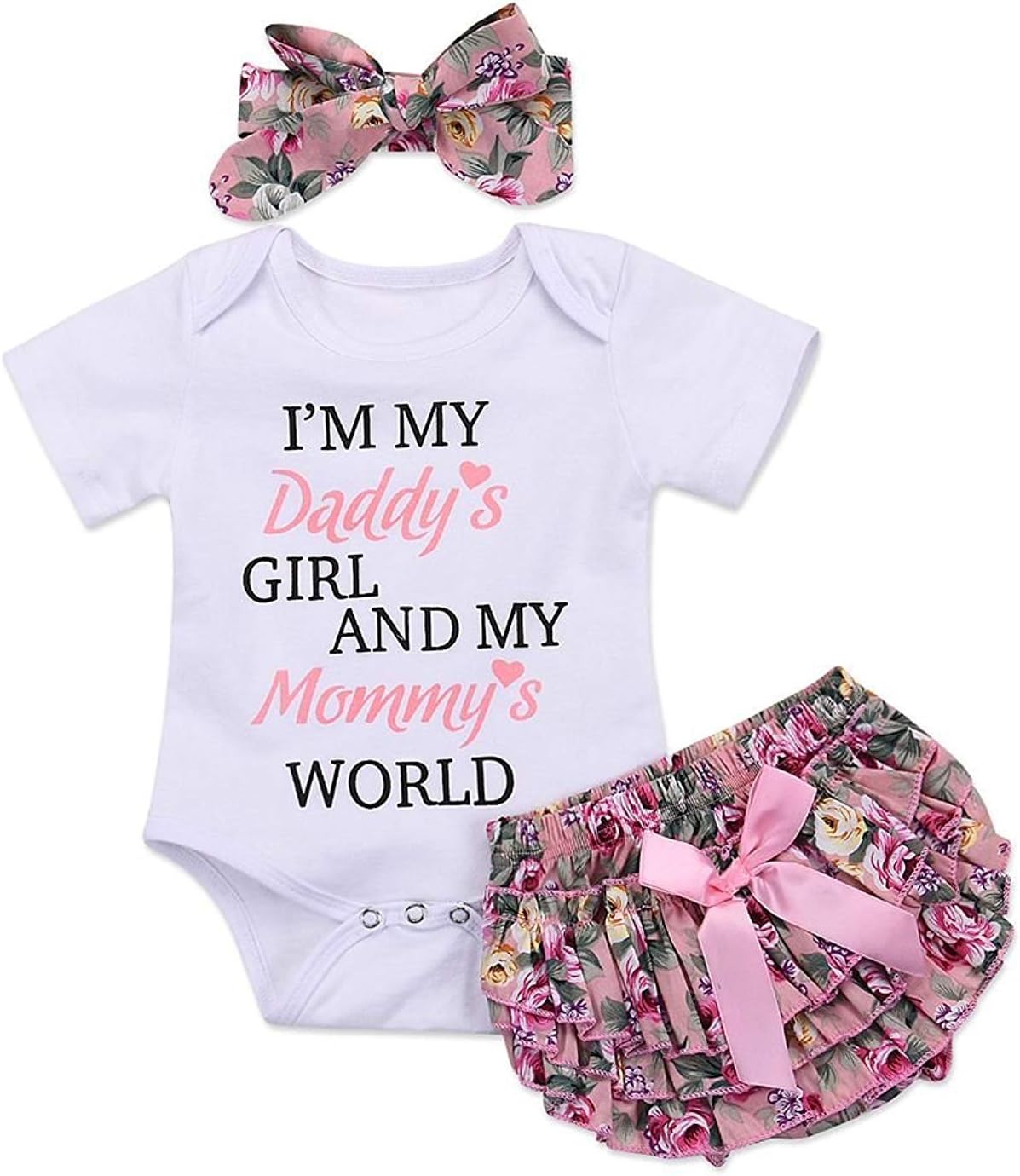3pcs Newborn Baby Girls Outfits Daddy's Girl White Short Sleeve Romper Floral Bow reffles Shorts Bowknot Headband Outfits(Size 70,0-3month)