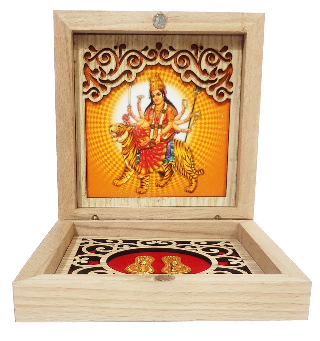 Purpledip Wooden Puja Statue: Sherawali Ma Durga Painting With Golden Feet Paduka In Decorative Box For Travel Or Gifting (12394B)