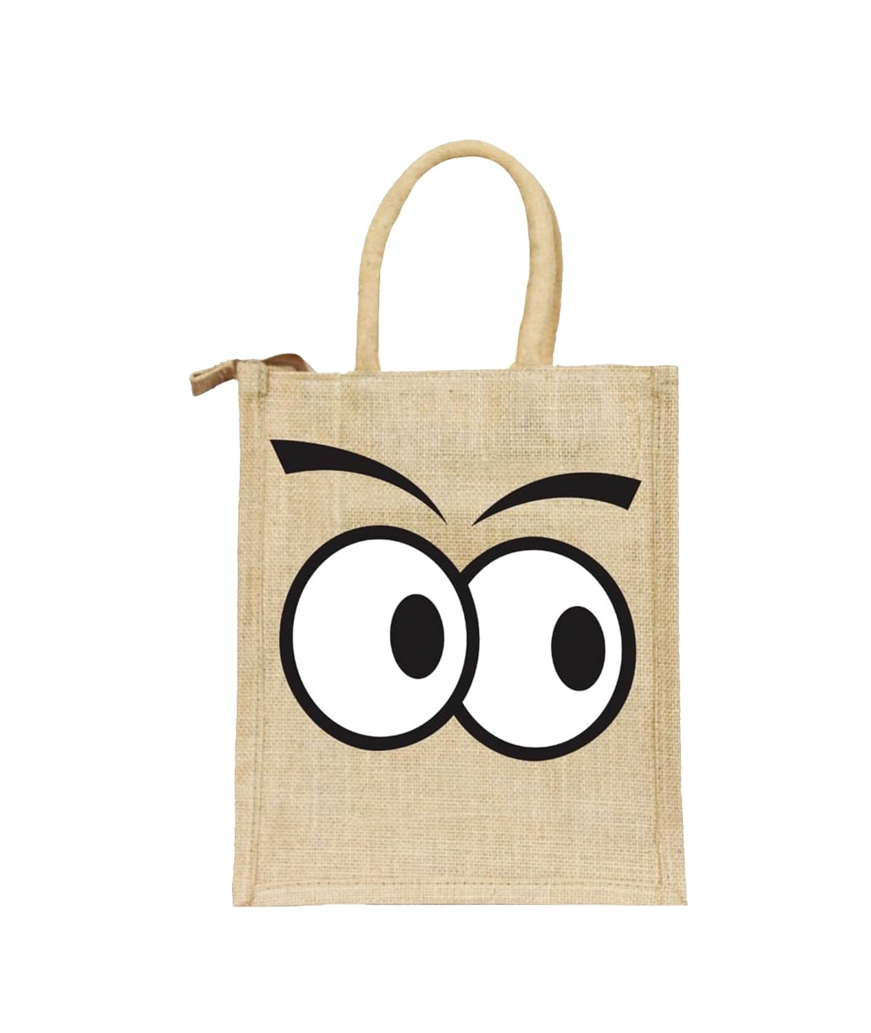 deshi decor, multipurpose jute lunch bag for office executive men/women/girls/unisex/adult with zip, (googly cartoon eyes-black, dimensions:size, height= 12,