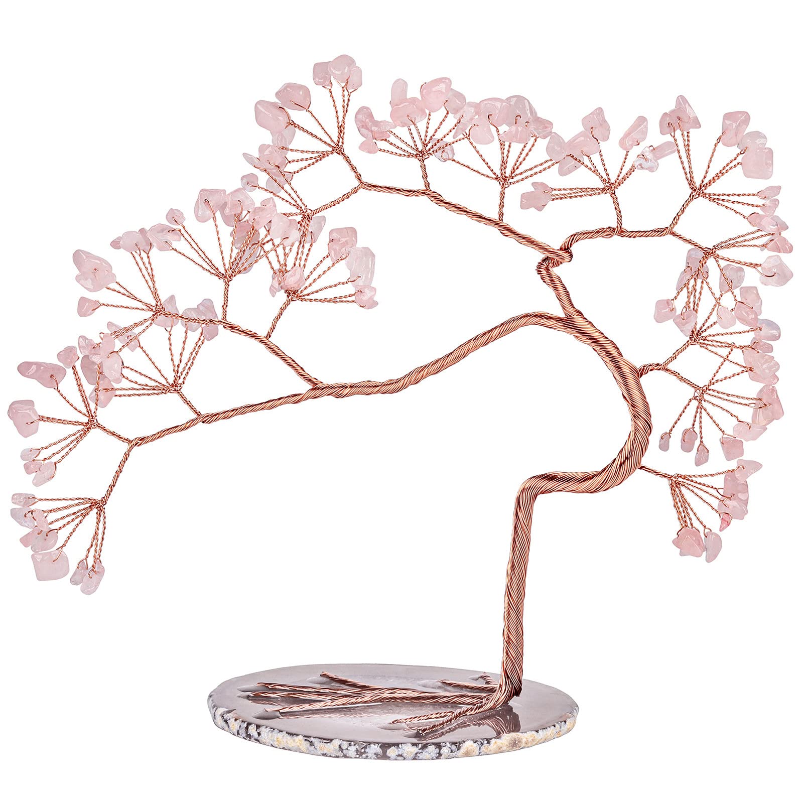 Nupuyai Irregular Rose Quartz Crystal Tree with Agate Slice Base, Money Tree Figurines Fengshui Crystals Ornament for Home Office Decor
