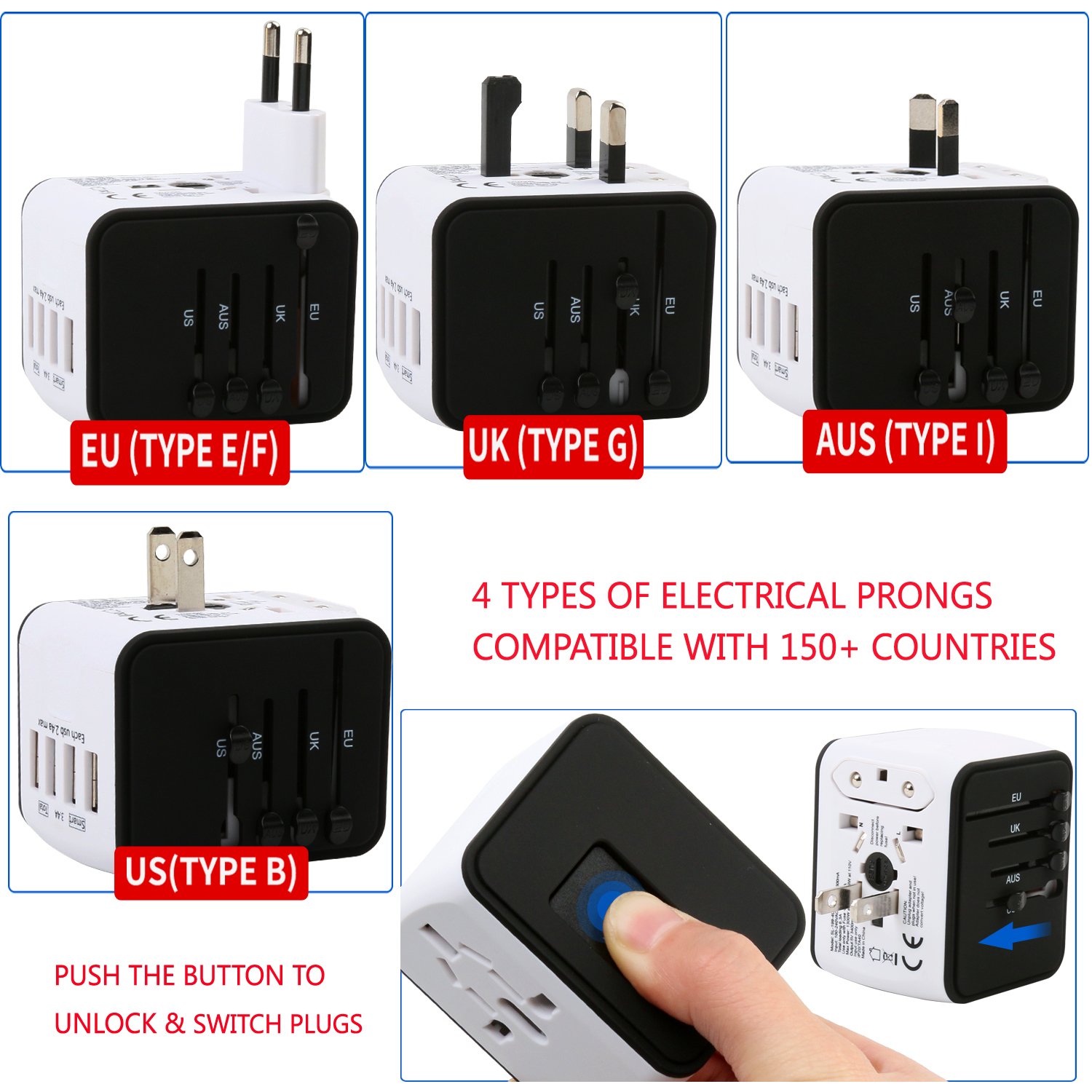 Universal Travel Adapter - 4 USB 3400mA MAX Wolrd Travel Adapter for iPhone iPad Laptop Android Phone Shaver Cameras etc - Plug Adapter Charger for US UK EU AU etc - Covers over 150 Countries (White)