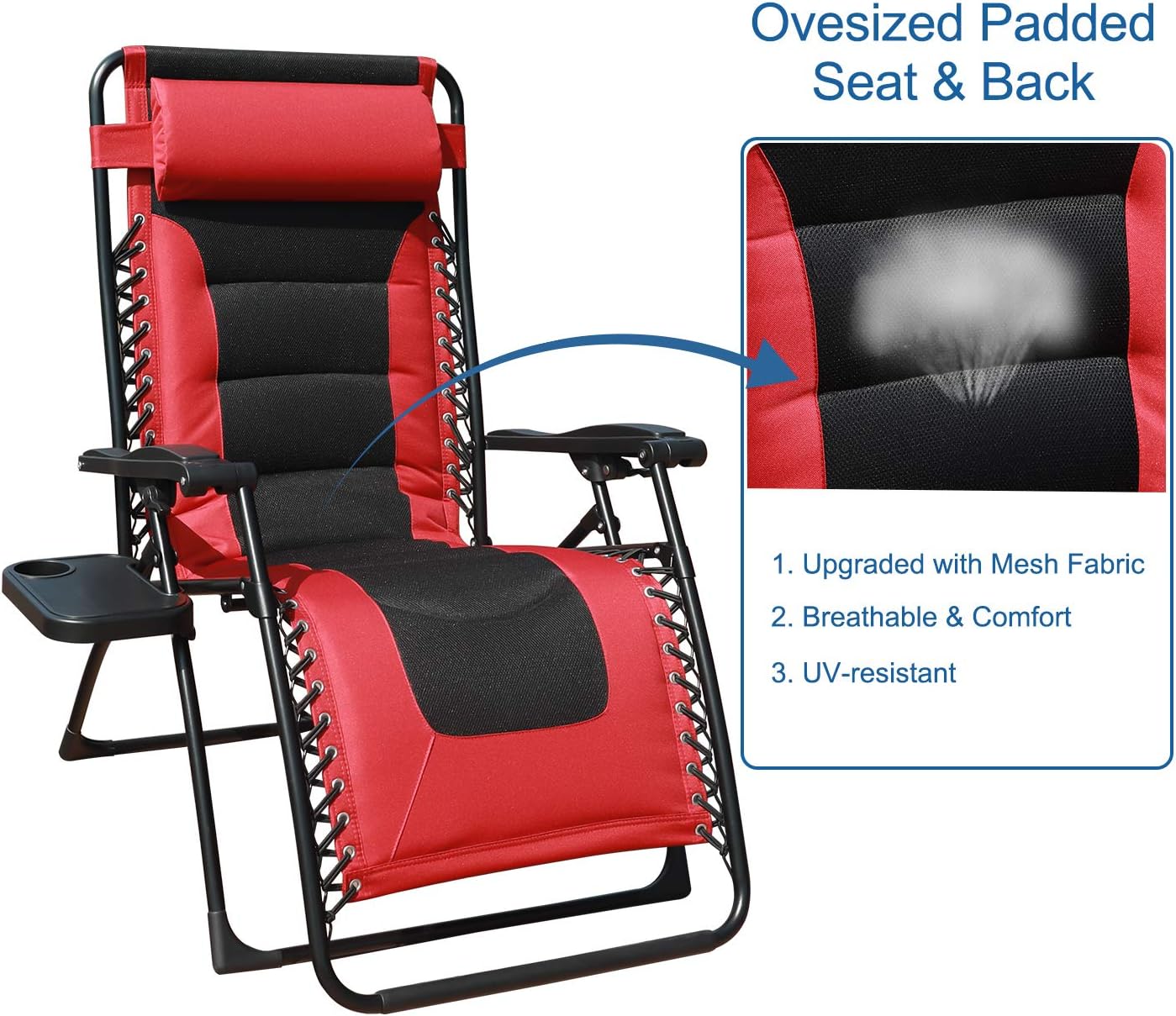GOLDSUN Oversized Padded Zero Gravity Reclining Chair Adjustable Patio Lounge Chair with Cup Holder for Outdoor Beach Porch,Swimming Pool (Red): Furniture & Decor