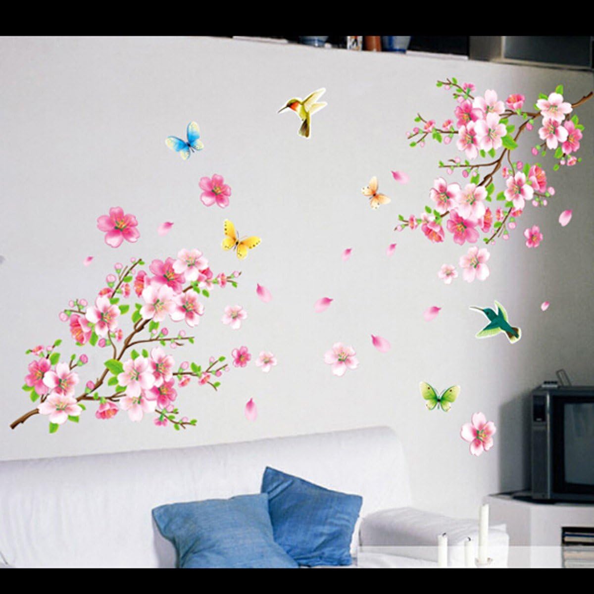 Amazon モモの花 鳥 蝶 ウォールステッカー 壁 シール 花 ウォールペーパー 壁紙 ウォールシール 60 90cm 1枚 ウォールステッカー オンライン通販
