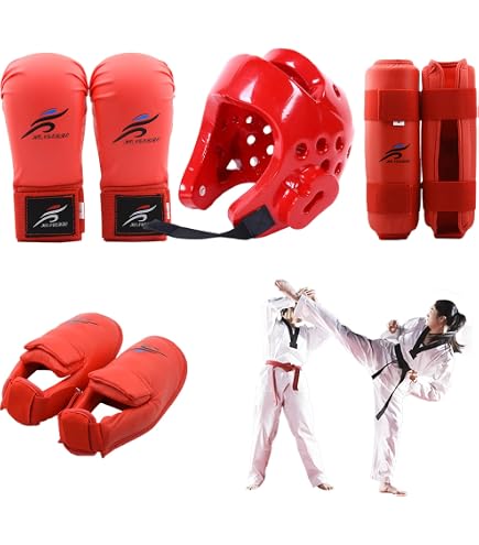 Kit Protection Taekwondo Pro – 6 Pièces Rembourrées EVA/PU Pour Adulte Et Enfant – Casque, Plastron, Tibias, Coudières