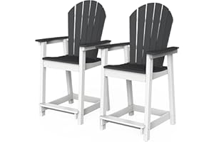 OTSUN Outdoor Tall Adirondack Chairs Set of 2, Patio Bar Stool Chair with High Back, 400lbs, Widened Arms, All-Weather Balcony Chair for Backyard, Garden, Yard (2PCS, White & Grey)