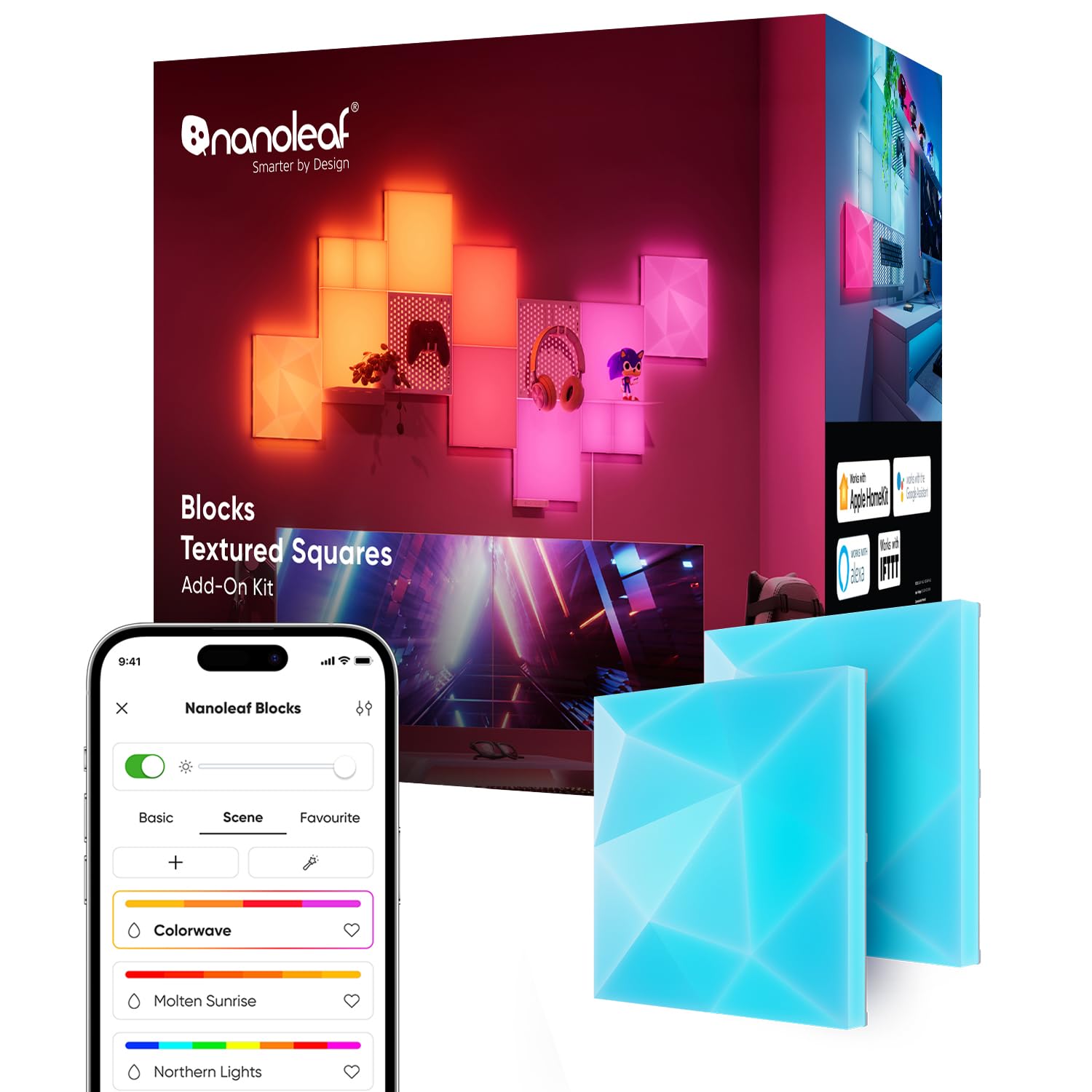 Nanoleaf Blocks Expansion Kit | 2 Textured Squares, 3D Multi-Faceted RGBW Color-Changing Light Panel, Adjustable Colour Temperature 1200K-6500K, Soft Lighting (23.1 x 23.1 cm Each)