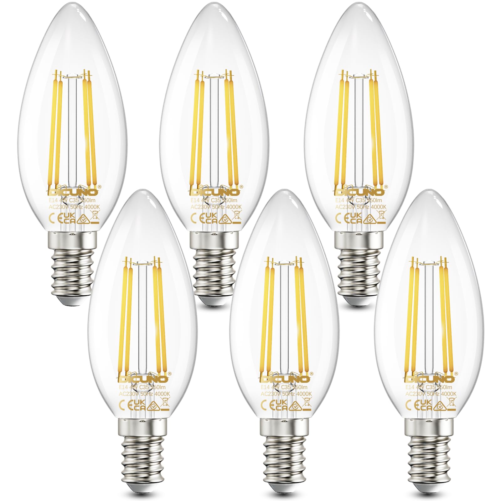 DiCUNO E14 Candle LED Bulbs, Small Screw E14 LED, 4W, 550LM, 40W Incandescent Equivalent, Natural White 4000K, SES C35 Clear Filament Bulbs for Chandeliers, 6Pcs