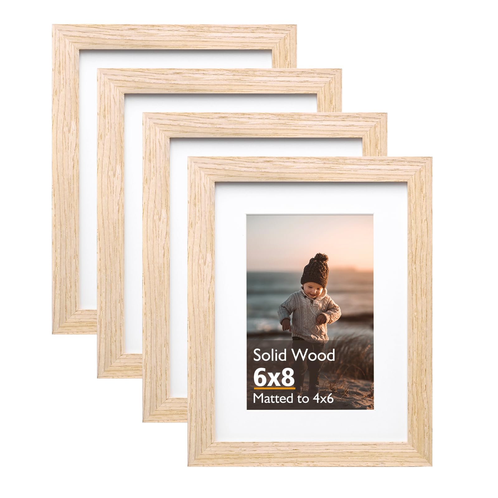 KINLINK 8x6 Picture Frames Beige, Wood Frames with Acrylic Plexiglass for Pictures 6x4 with Mat or 8x6 without Mat, Tabletop and Wall Mounting Display, Set of 4