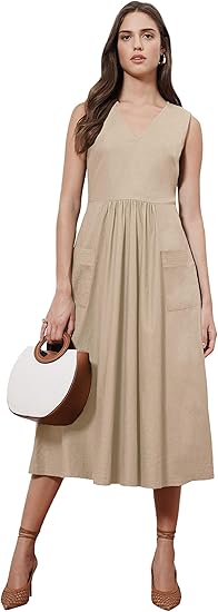Donna Morgan Women's Petite Sleeveless V-Neck Front Pocket Linen Fit and Flare Midi Dress