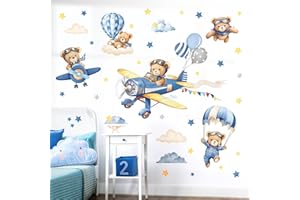 decalmile Airplane with Animals Wall Stickers Hot Air Balloon Bear Clouds Wall Decals Baby Nursery Kids Bedroom Living Room W