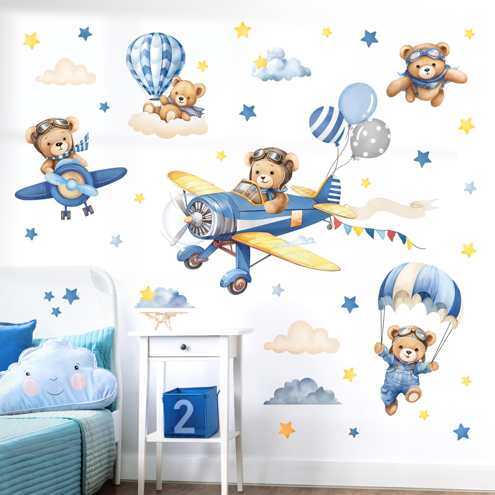Photo 1 of decalmile Airplane with Animals Wall Stickers Hot Air Balloon Bear Clouds Wall Decals Baby Nursery Kids Bedroom Living Room Wall Decor