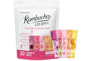 TEAZEN Kombucha Tea Sunset Bliss Hydration Variety Pack - 20 Sticks, 5 Flavors (Peach, Mango-Guava, Strawberry-Kiwi, Citron, Mulled Wine)