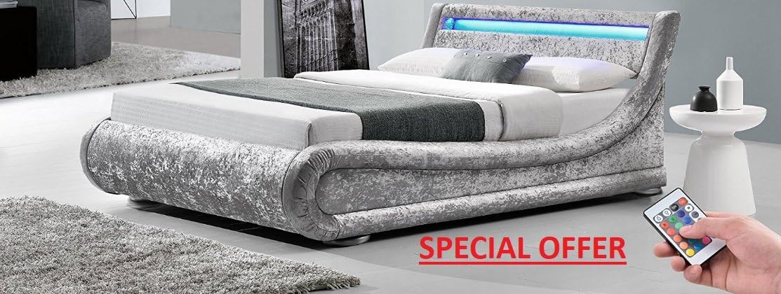 OWO Living Stunning LED MOOD LIGHTING INCLUDED AND 5FT OTTOMAN BED FRAME Upholstered in Crushed Velvet Fabric Designer Storage Bed Frame (5FT KING SIZE Silver Velvet)