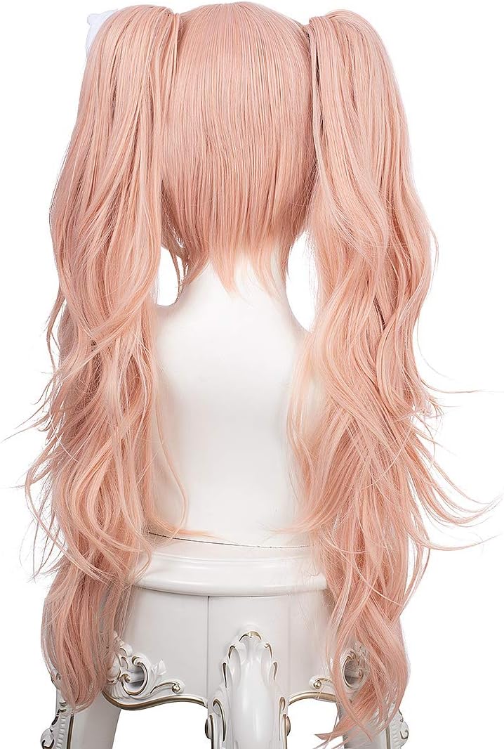 Topcosplay Long Curly Pink Wig with Pigtails and Bear Hair Clips for Halloween Fancy Dress Party, Junko Enoshima - Image 3