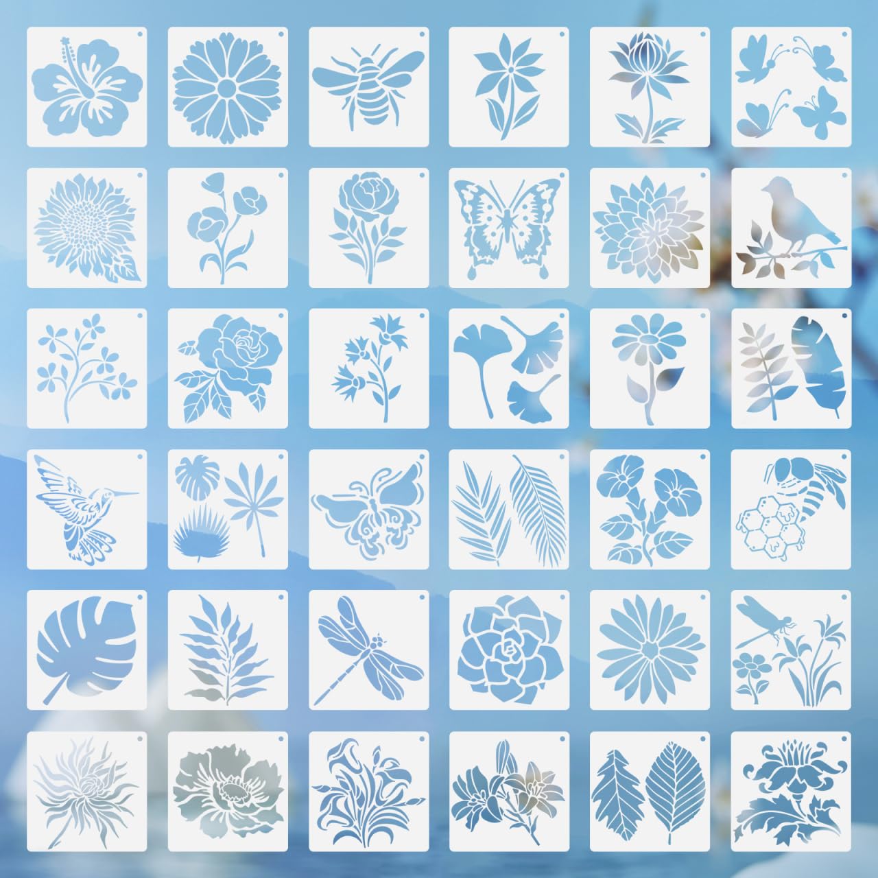 Tofficu 36 Pcs Reusable Plant Bird Bee Stencils for Painting on Wood, Wall, Crafts, DIY Projects, Home Decor, 5 X 5 Inches, Pet Material, Multi-Color