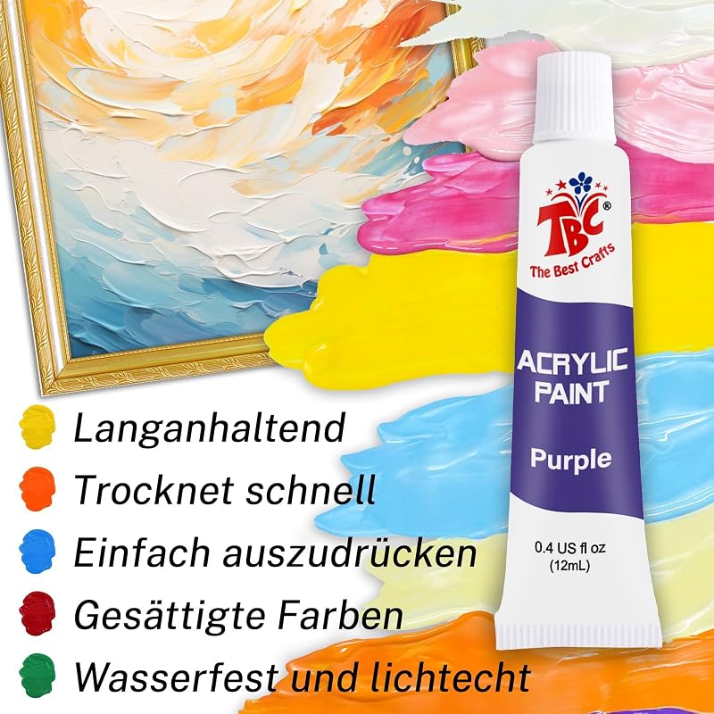 Acrylfarben Set, Satz von 24 farbe 12ml Tuben, Grundlegende und Metallische Farben, Wasserfest und Lichtecht, Schnell Trocknend, für DIY Stein, Keramik, Holz, Papier — Foto 3 von 6