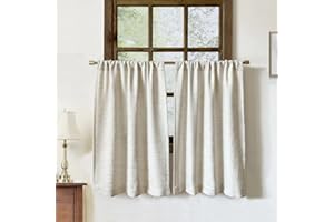 OINDEC Faux Linen Kitchen Curtains 36 Inch Length Cafe Curtain Tiers for Living Room Bathroom Basement Windows Country Rustic Small Short Curtains, Set of 2, Natural