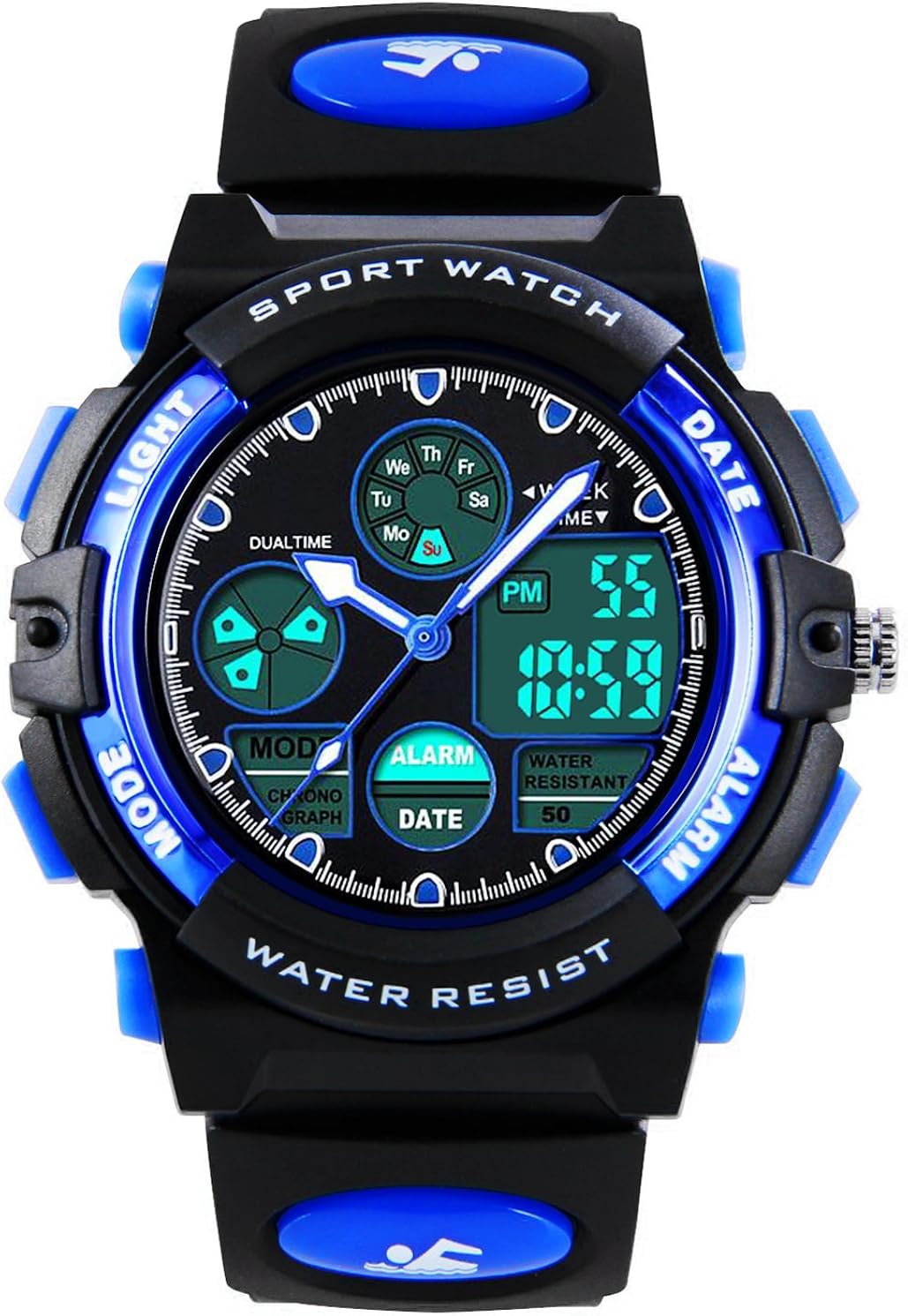 Findtime Orologio Uomo Digitale: Design Tattico Militare Con Cronometro E LED, Cinturino In Silicone Blu - 3