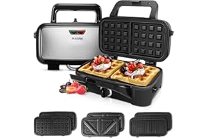 Metine Waffle Makers, 3-in-1 Waffle Iron Panini Press Sandwich Maker with Removable Plates, 5-gears Temperature Control Non Stick Coating Cool Touch Handle Anti-skid Feet for Breakfast 1200W 120V