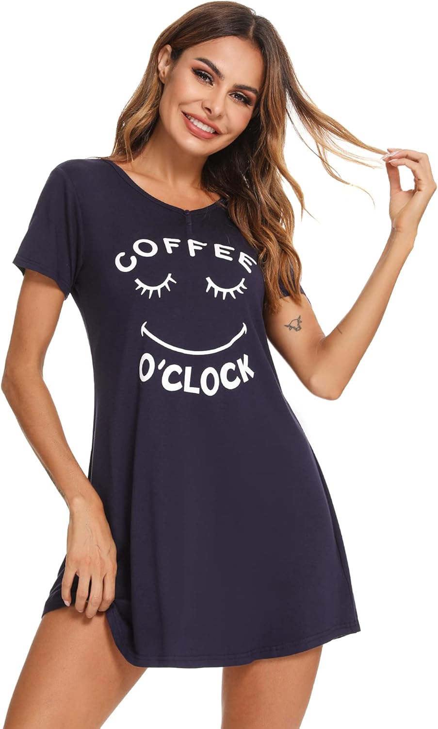 Uniexcosm Damen Nachthemd Kurzarm - Bequemes Schlafshirt Mit Wimperndruck Für Sommer