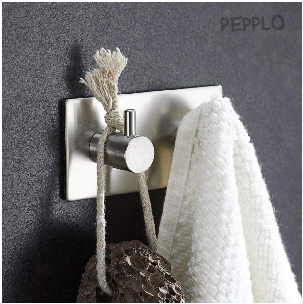 pepplo Self Adhesive Hooks, 3M Self Adhesive Bath Hook Heavy Duty Stainless Steel Towel Robe Coat Clothes Bag Hanger Holder for Bathroom, Kitchen - 1pack