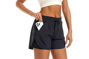 APWKL Women's 2 in 1 Athletic Running Shorts Quick Dry Workout Casual Gym Sweat Shorts Mesh Comfy Liner Zipper Pockets