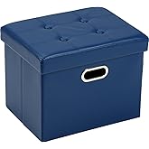 COSYLAND Storage Ottoman 17x13x13in Leather Ottoman Rectangle Footrest Footstool Folding Ottoman for Room Dorm Small Collapsible Bench Seat Organizer Entryway Furniture with Handles Lid Royal Blue
