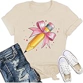 IFQ Teacher Shirts for Women Cute Bow Pencil Teacher T-Shirt Back to School Teaching Life Tee