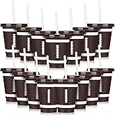 Domensi 20 Pieces Football Party Favors Disposable Football Cups with Lid and Straw Reusable Tumbler Cups 16 oz Disposable Party Favors for Tailgate Sports Foot Ball Themed Birthday