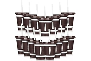 Domensi 20 Pieces Football Plastic Cups with Lid and Straw Reusable Tumbler Party Plastic Cups 16 oz Disposable Party Favors for Tailgate Sports Football Themed Birthday