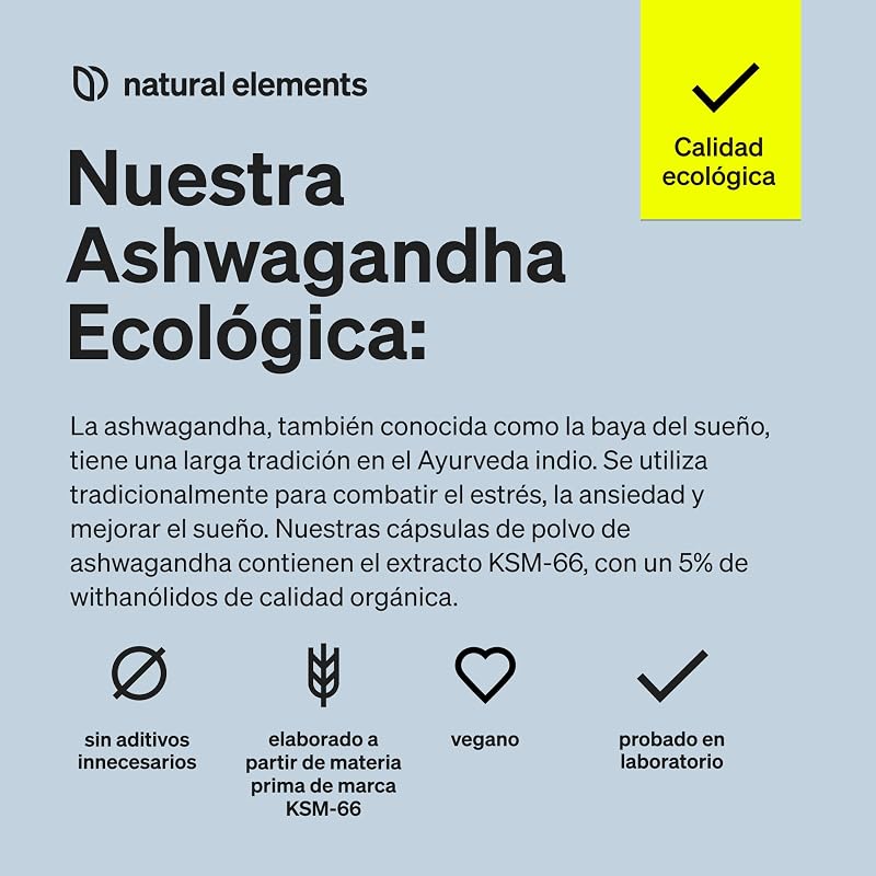 Ashwagandha KSM-66® ecológica - 600 mg de extracto de raíz de ashwagandha orgánica - Raíz del sueño de la India - 180 cápsulas - Probada en laboratorio, vegana y sin aditivos