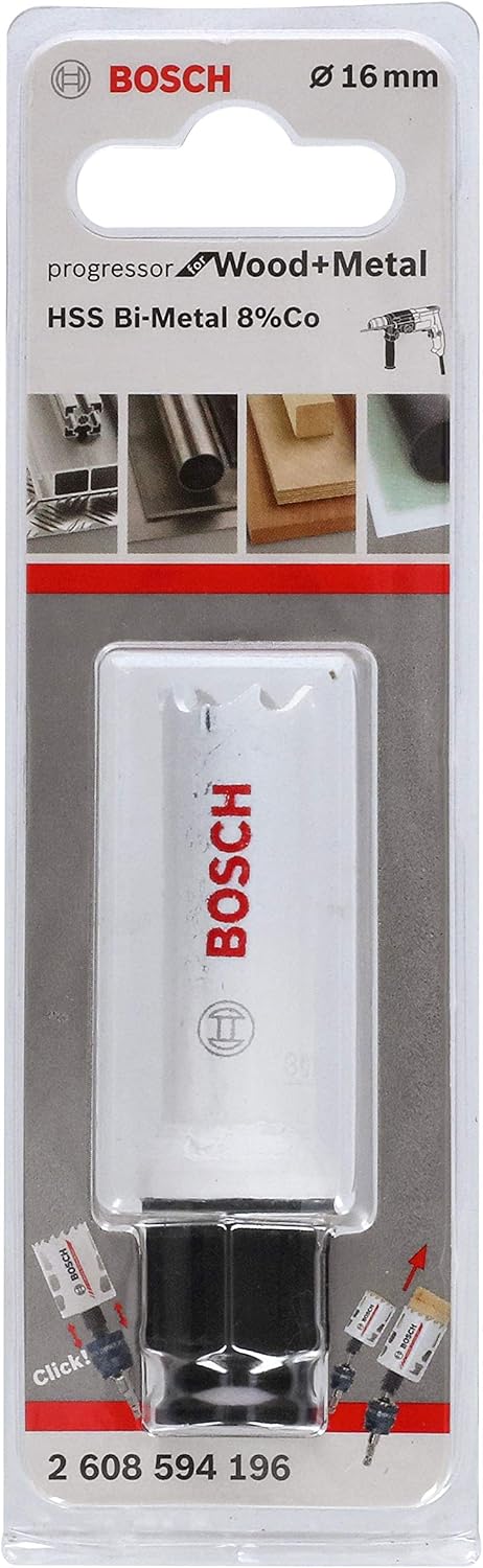 BOSCH Bi-Metal Hole Saw (for Wood and Metals, 8% Cobalt Alloy, Progressive Tooth Design, Ø 16 mm, Accessory Drills)