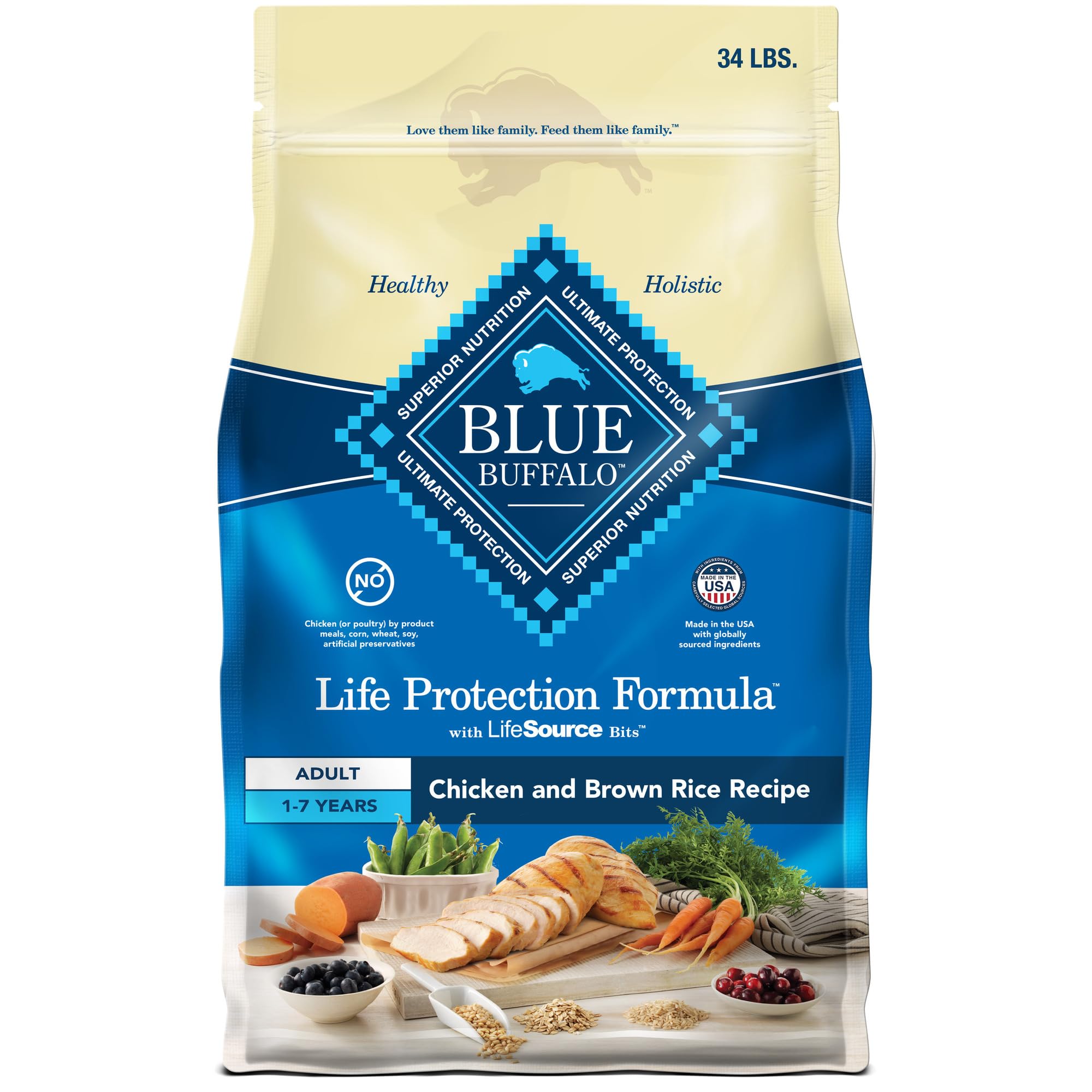 Photo 1 of *BULK DOG FOOD* "Non-refundable" Blue Buffalo Life Protection Formula Adult Dry Dog Food, Helps Build and Maintain Strong Muscles, Made with Natural Ingredients, Chicken & Brown Rice Recipe, 34-lb. Bag (13 bags)