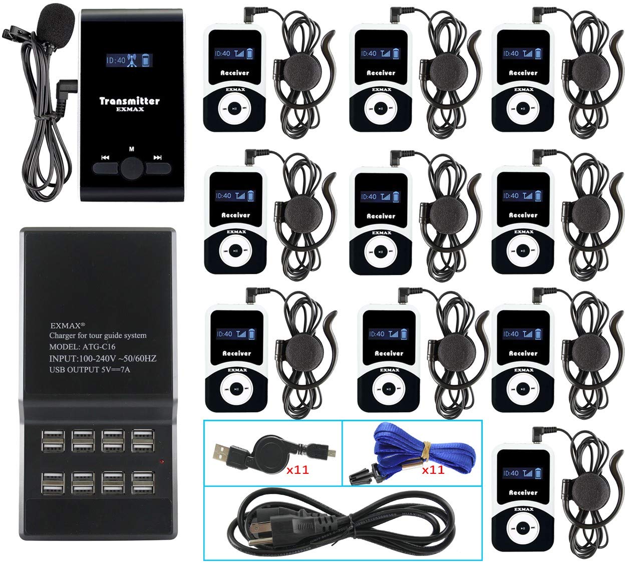 EXMAX® ATG-100T 195-230MHz Wireless Tour Guide System Voice Transmission Microphone Earphone Headset for Church Translation Silent Conference Travel Traning (1 Transmitter 10 Receivers Charging Base)