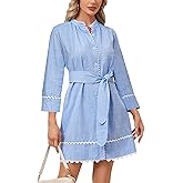 Women's Button Down Shirt Dress Fall 3/4 Sleeve Belted Tunic Casual Cotton Linen RIC Rac Trim Mini Dresses with Pockets