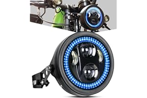 PKEDUO Motorcycle 5-3/4 5.75" LED Headlight with Housing Bucket Smoke Halo Blue DRL Compatible with Shadow Buell Blast Cafe Racer Cruiser Motorbikes