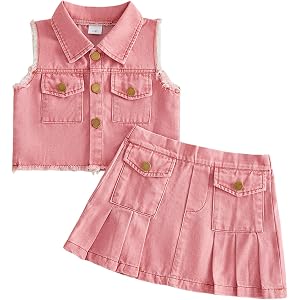 XRTBMN Toddler Baby Girl Denim Outfit for Kid 2Pcs Summer Fall Clothes Lapel Neck Button Up Vest Tops and Pleated Skirts Set