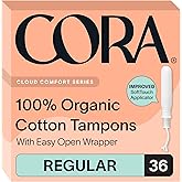 Cora Organic Cotton Tampons (36 Regular Tampons) | Comfortable Leak Protection, Expands to Your Shape, Made Without Chlorine, Pesticides, or Rayon, Organic Cotton Feminine Care