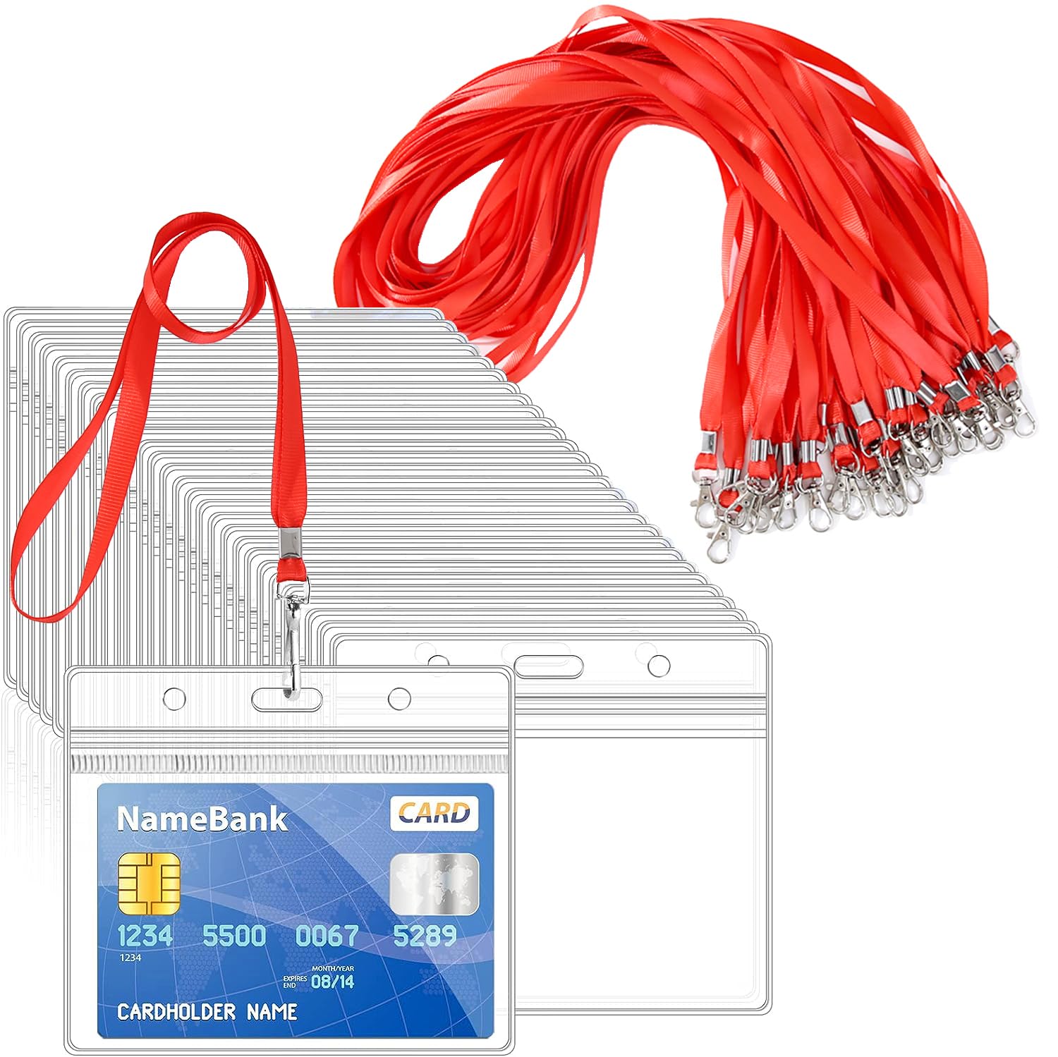 15pcs Red Lanyards for Neck with 15pcs Card Holder, Clear Plastic ID Card Holder and Lanyard, Horizontal Sealable Waterproof Name Badge Holders with Lanyard for ID Cards, Office, School, Bus Passes